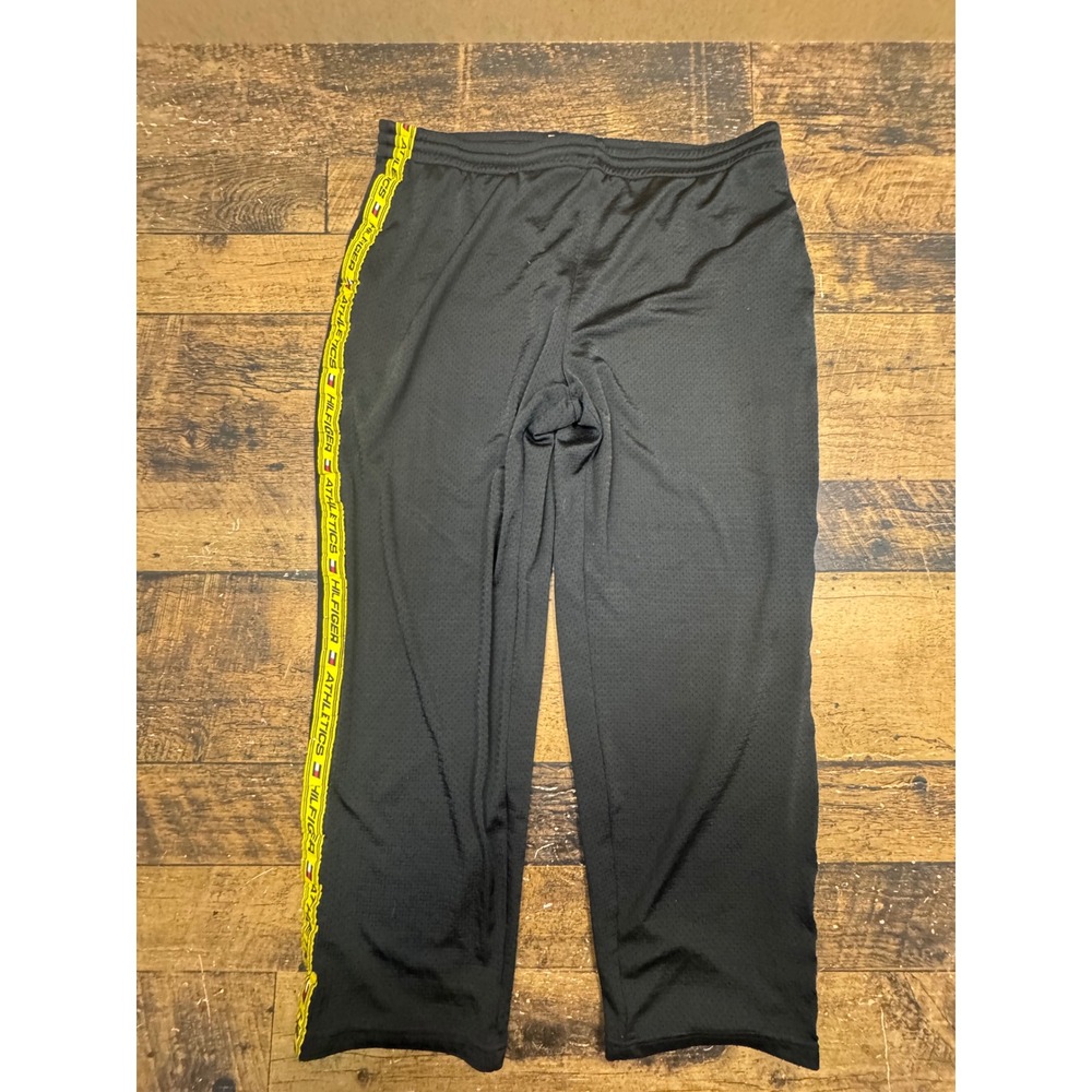Tommy Hilfiger Athletics Vintage Black Mesh Track Pants Yellow Side Stripe L